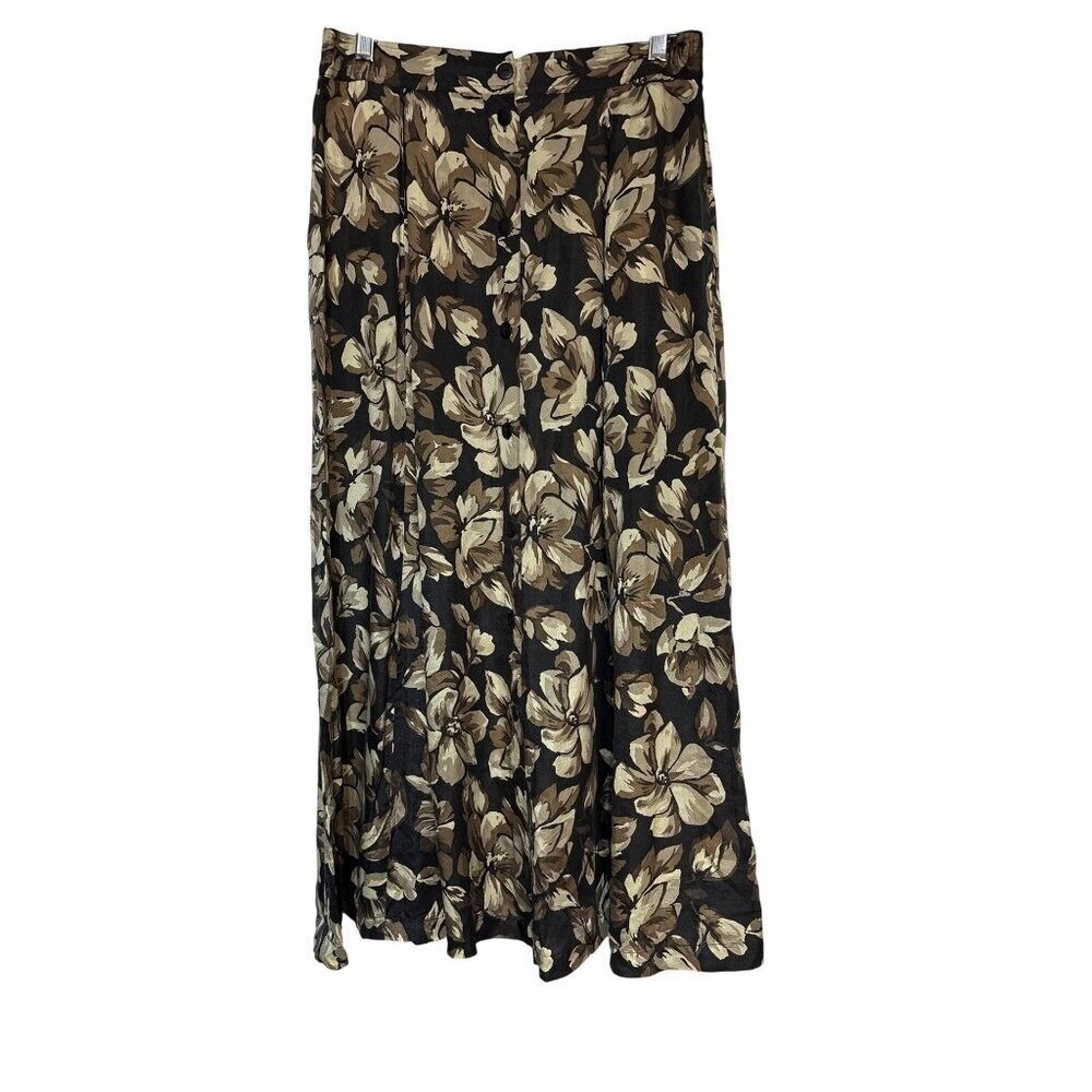 Vintage Anna &‎ Gran Floral Maxi Skirt M 100% Silk Black & Brown Button Front